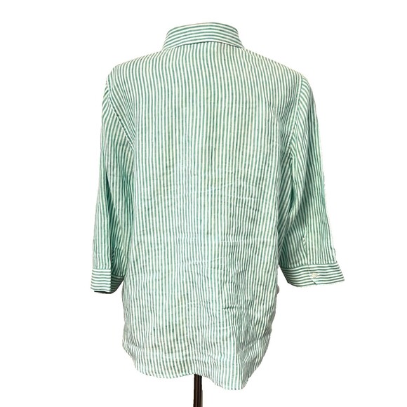 Chico's 100% Linen Shirt Blouse Women's Sz 2 Knot Tie Button Green White Stripe - Picture 3 of 9